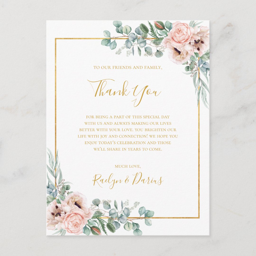 Elegant Blush Floral Thank You Reception Card Zazzle