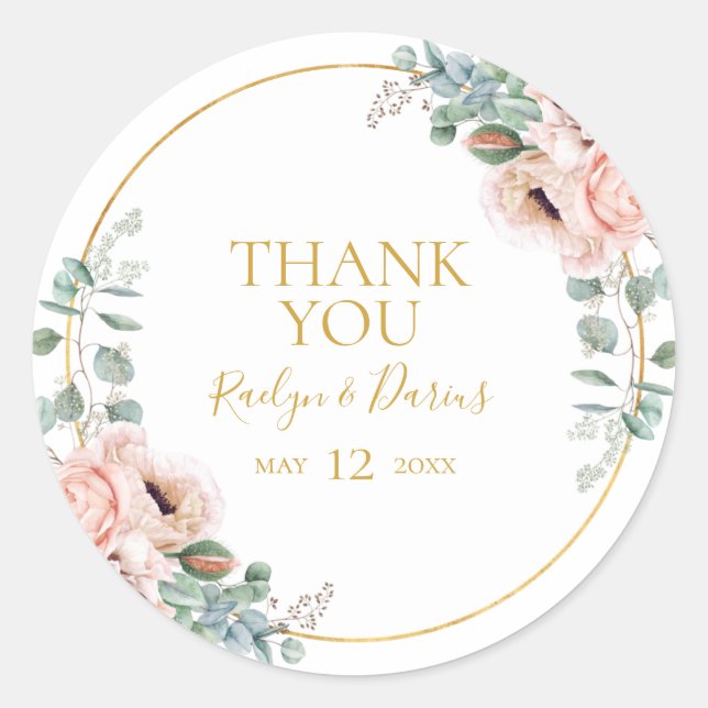 Elegant Blush Floral | Thank You Wedding Favor Classic Round Sticker (Front)