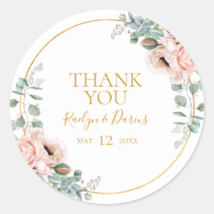 Elegant Blush Floral Thank You Wedding Favor Classic Round Sticker