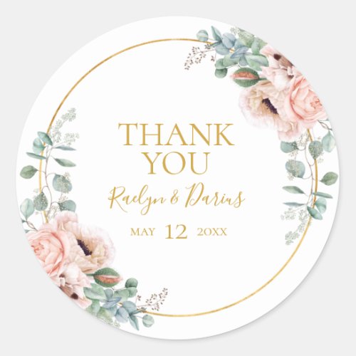 Elegant Blush Floral  Thank You Wedding Favor Classic Round Sticker