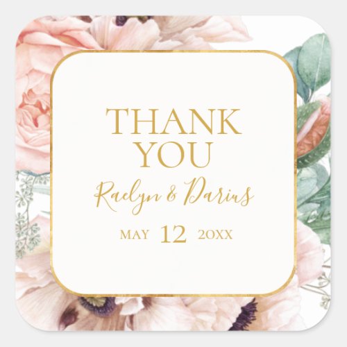 Elegant Blush Floral  Thank You Wedding Favor Square Sticker