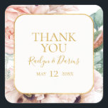 Elegant Blush Floral | Thank You Wedding Favor Square Sticker<br><div class="desc">This elegant blush floral | thank you wedding favor square sticker is perfect for your boho, pink spring botanical wedding. Design features a gold foil frame accompanied by a simple watercolor peach champagne rose, minimalist sage green eucalyptus greenery, and a modern unique neutral, coral poppy wildflower. The design is one...</div>