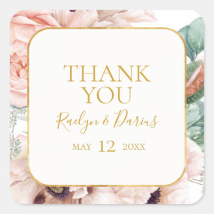 Elegant Blush Floral Thank You Wedding Favor Square Sticker