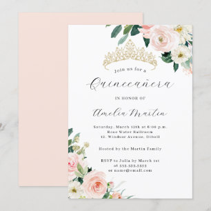 Elegant Blush Floral Tiara Quinceanera  Invitation