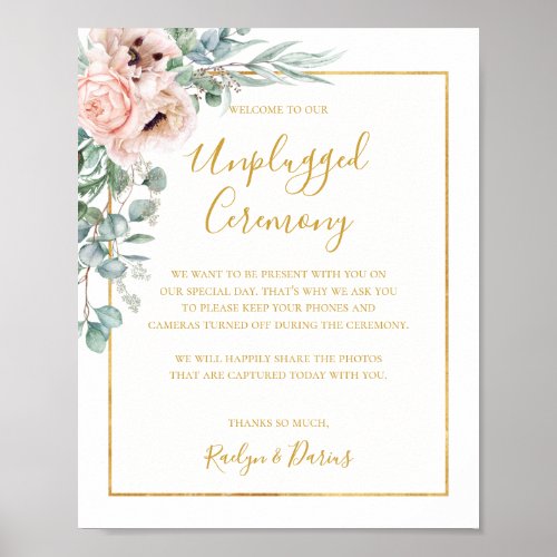 Elegant Blush Floral  Unplugged Ceremony Sign