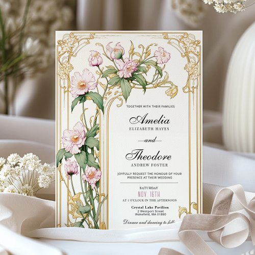 Elegant Blush Floral Vintage Wedding Invitation 