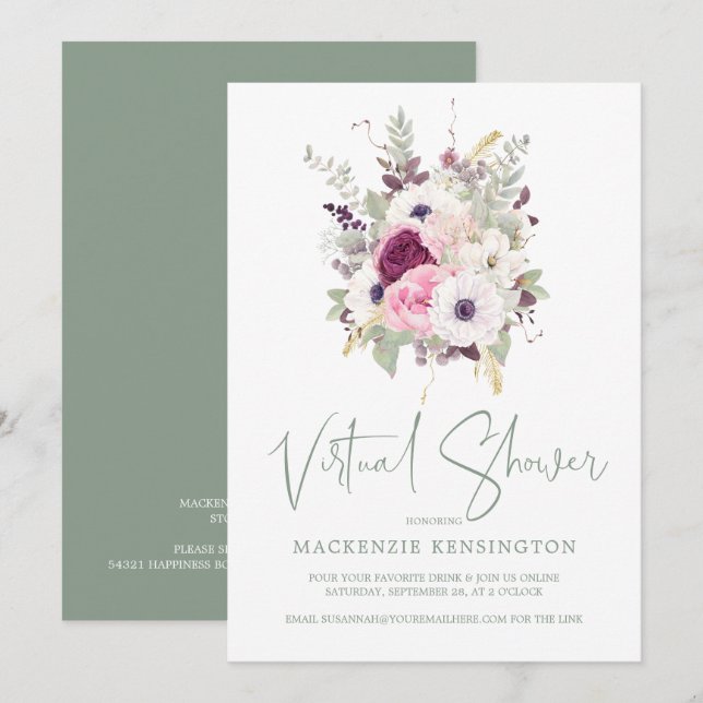 Elegant Blush Floral Virtual Bridal Shower Invitation (Front/Back)
