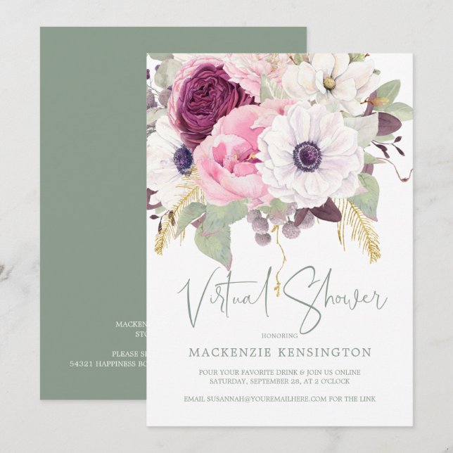 Elegant Blush Floral Virtual Bridal Shower Invitation (Front/Back)