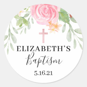 Elegant Blush Floral Watercolor Baptism Classic Round Sticker