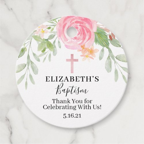 Elegant Blush Floral Watercolor Baptism Favor Tag 