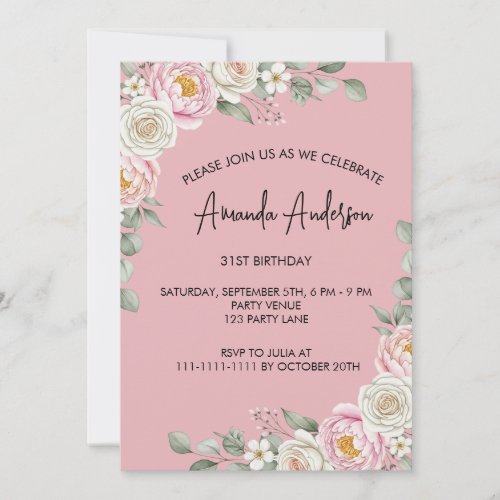 Elegant Blush Floral Watercolor Birthday  Invitation