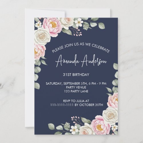 Elegant Blush Floral Watercolor Birthday  Invitation