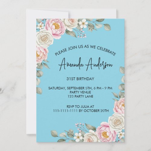 Elegant Blush Floral Watercolor Birthday  Invitation