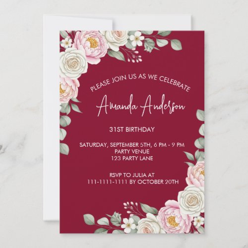 Elegant Blush Floral Watercolor Birthday  Invitation