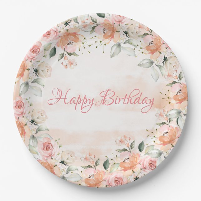 Elegant Blush Floral Watercolor Script Birthday Paper Plates (Front)