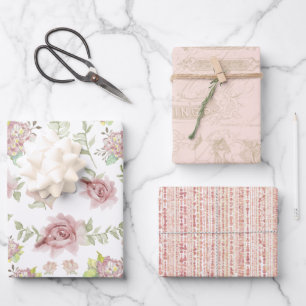 Elegant Blush Floral Watercolor Vintage Script Wrapping Paper Sheets