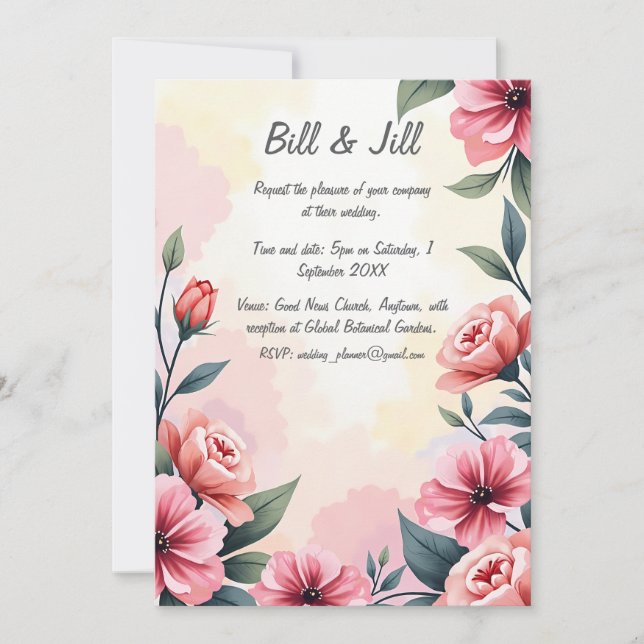 Elegant Blush Floral Watercolour Roses Wedding  Invitation (Front)