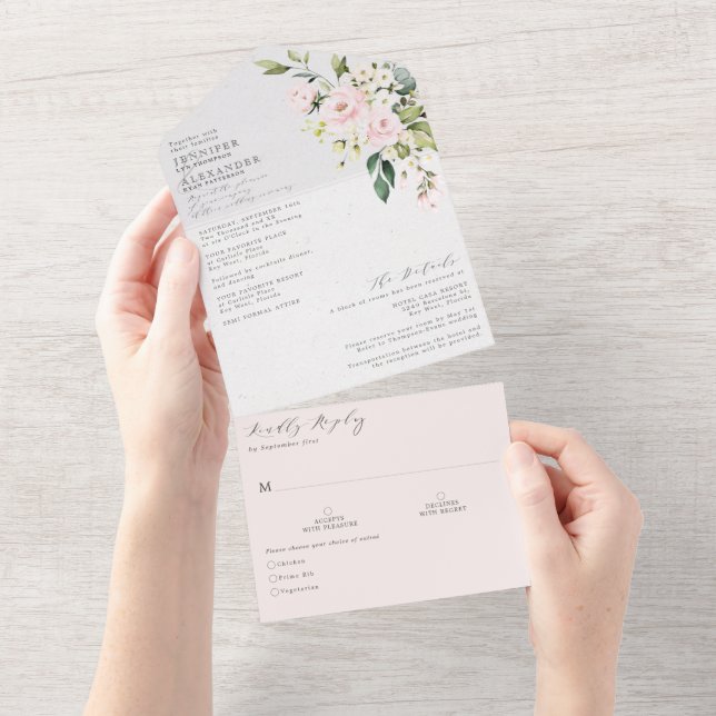 Elegant Blush Floral Wedding All In One Invitation (Tearaway)