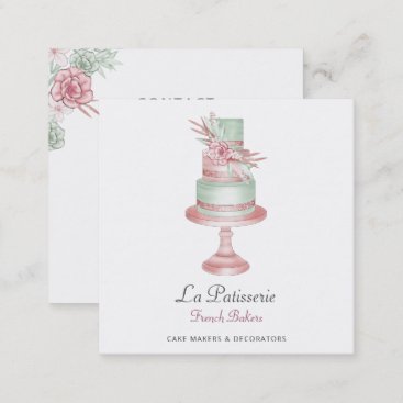 Elegant Blush Floral Wedding Cake Makers Bakery Square Business Card
