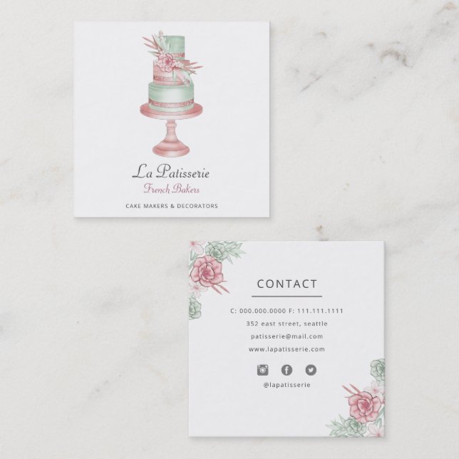 Elegant Blush Floral Wedding Cake Makers Bakery Square Business Card (Front/Back)
