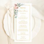 Elegant Blush Floral | Wedding Dinner Menu<br><div class="desc">This elegant blush floral | wedding dinner menu is perfect for your boho, pink spring botanical wedding. Design features a gold foil frame accompanied by a simple watercolor peach champagne rose, minimalist sage green eucalyptus greenery, and a modern unique neutral, coral poppy wildflower. The design is one of luxury, ideal...</div>