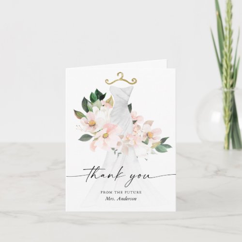 Elegant Blush Floral Wedding Dress Thank You Card