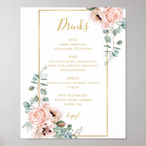 Elegant Blush Floral  Wedding Drinks Menu sign