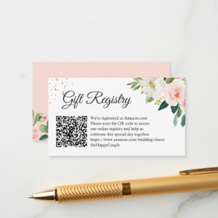 Elegant Blush Floral Wedding Gift Registry QR Code Enclosure Card