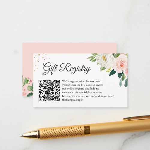 Elegant Blush Floral Wedding Gift Registry QR Code Enclosure Card