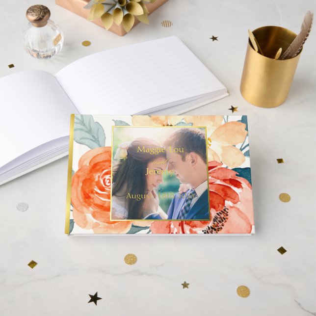 Elegant Blush Floral Wedding Gold Foil Guest Book (Front Open)