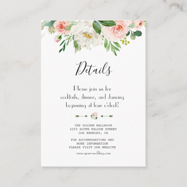 Elegant Blush Floral Wedding Handwriting Details Enclosure Card (Front)