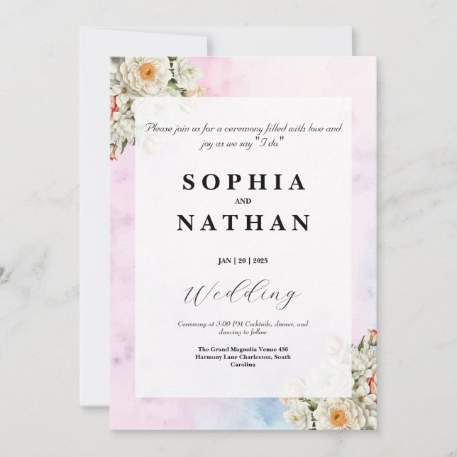 Elegant Blush Floral Wedding Invitation  (Front)