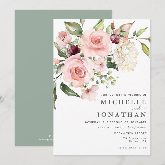 Elegant Blush Floral Wedding Invitation (Front/Back)