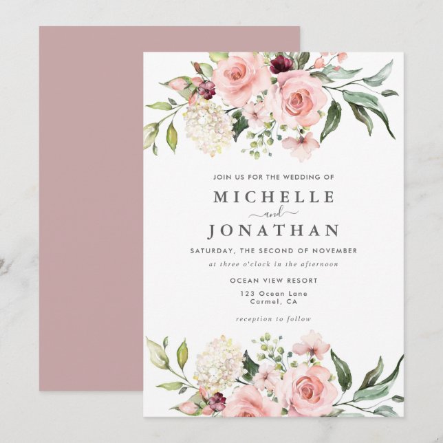 Elegant Blush Floral Wedding Invitation (Front/Back)