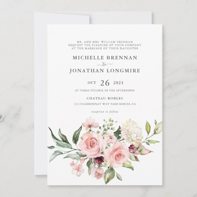 Elegant Blush Floral Wedding Invitation (Front)