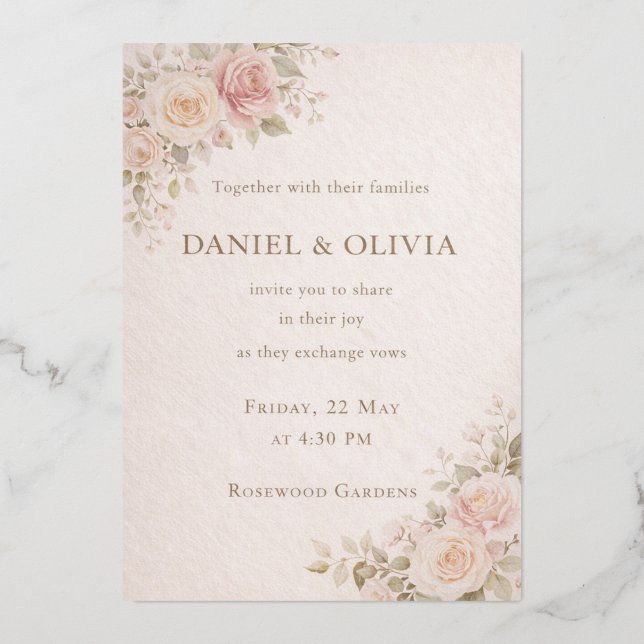 Elegant Blush Floral Wedding Invitation Card (Front)