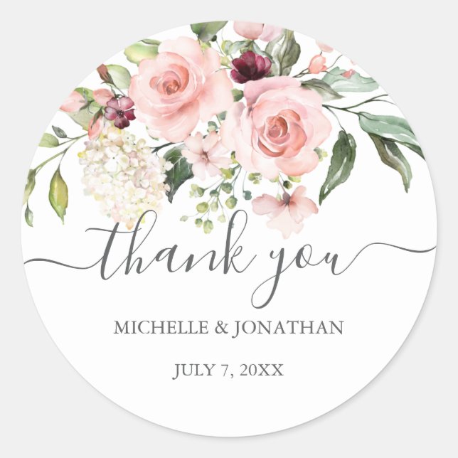 Elegant Blush Floral Wedding Invitation Classic Round Sticker (Front)