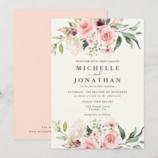 Elegant Blush Floral Wedding Invitation - Cream