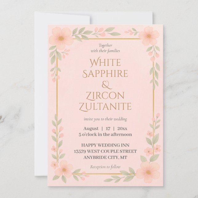 Elegant Blush Floral Wedding Invitation with Gold  (Front)