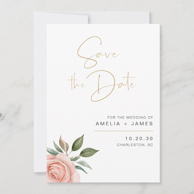 Elegant Blush Floral Wedding Save The Date Card (Front)