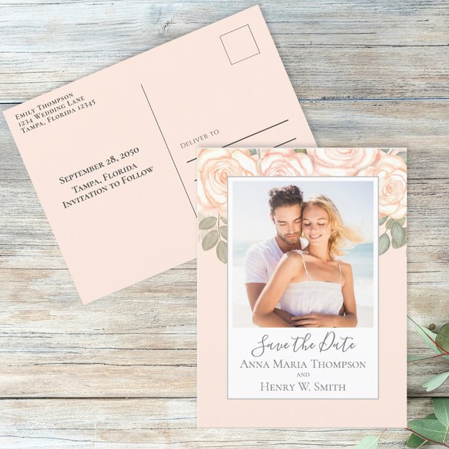 Elegant Blush Floral Wedding Save the Date Photo  Postcard (Creator Uploaded)