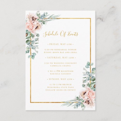 Elegant Blush Floral  Wedding Schedule of Events Enclosure Card