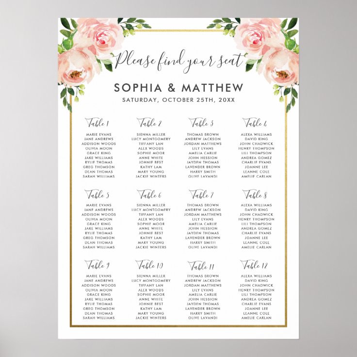 Elegant Blush Floral Wedding Seating Chart | Zazzle