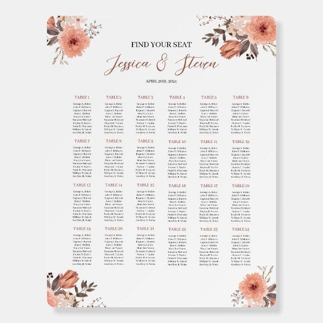 Elegant Blush Floral Wedding Seating Chart Foam Board (Front)