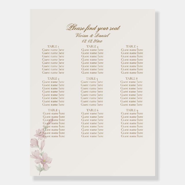Elegant Blush Floral Wedding Seating Chart Sign (Front)