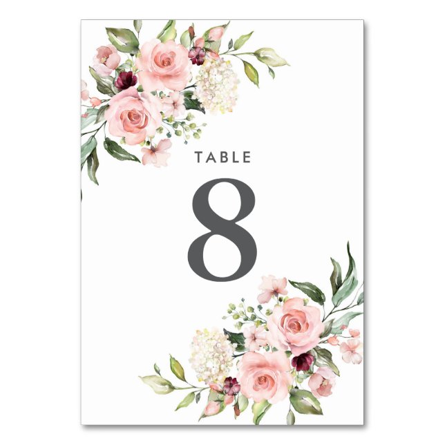 Elegant Blush Floral Wedding Table Number (Front)