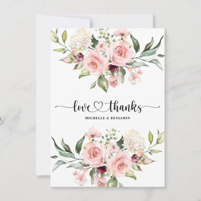 Elegant Blush Floral Wedding Thank You Note Card (Front)