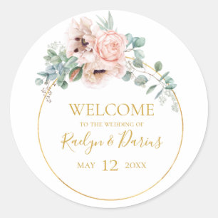 Elegant Blush Floral Wedding Welcome Classic Round Sticker