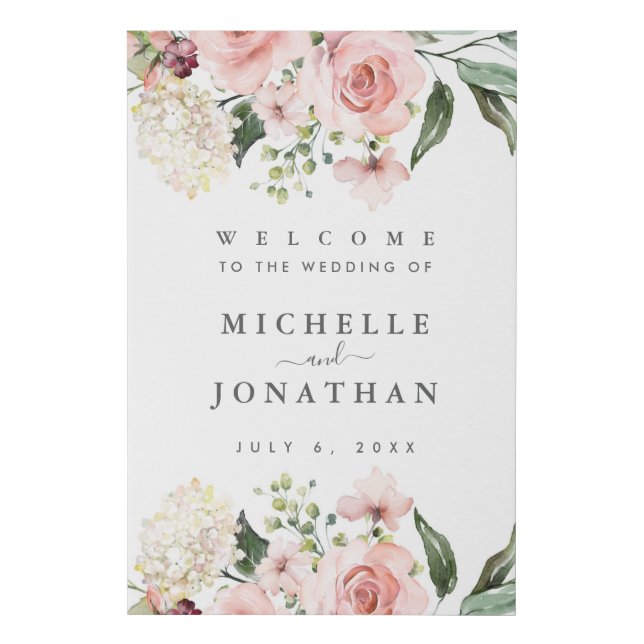 Elegant Blush Floral Wedding Welcome Sign (Front)