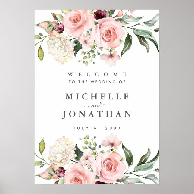 Elegant Blush Floral Wedding Welcome Sign (Front)